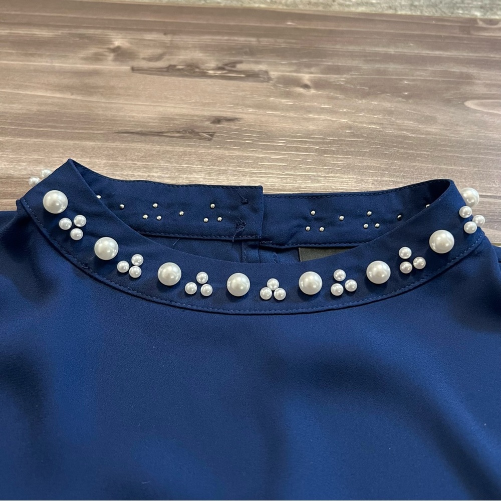 Worthington Embellished Beaded Blouse Sz S Navy Blue Mock Neck Bishop Sleeves - Picture 9 of 14